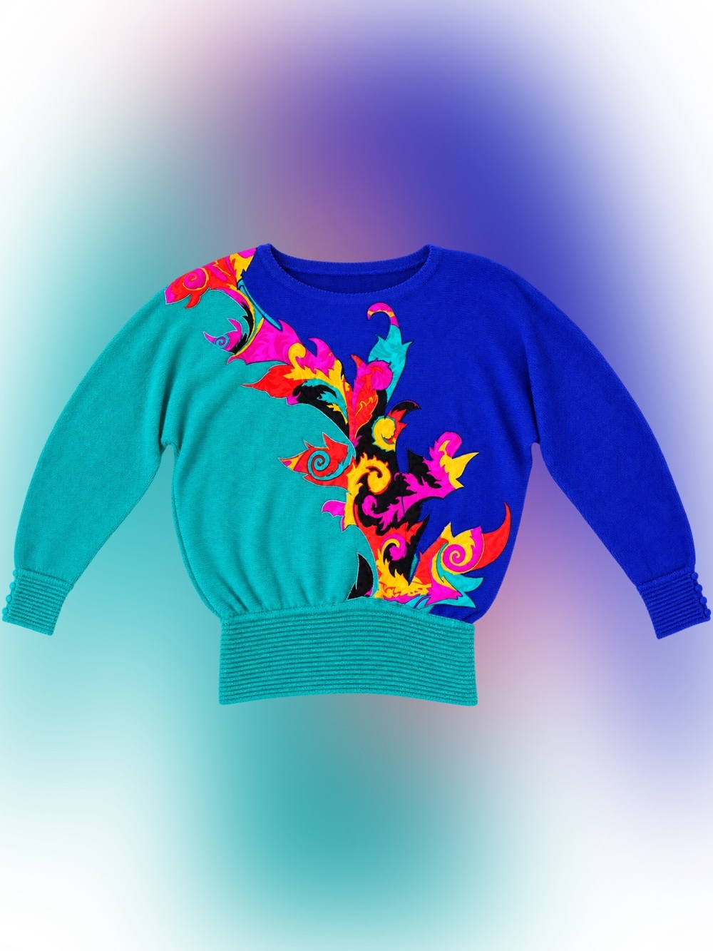 VTG UMI Collection Colorblock Sweater Wearable Art Jewel Tone Dolman Sleeve Sm/M